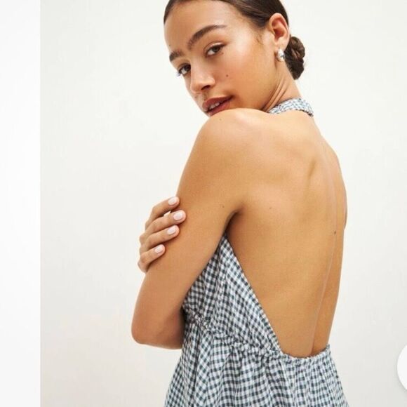 NWT REFORMATION Carlena 100% Linen Halter Mini Dress Blue Gingham Check M - Picture 4 of 9